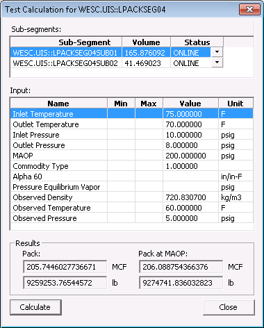 Test Calculation screen Test Calculation screen